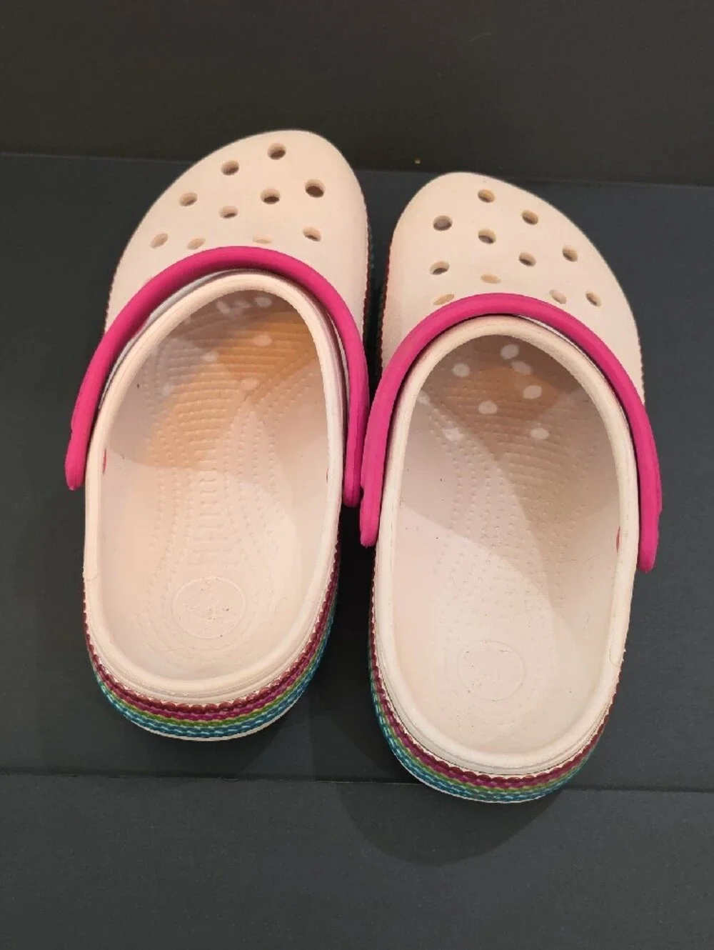 CROCS Women's Clogs in Light Pink with Hot Pink Strap and Rainbow Trim Size 8
